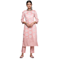 Generic Women's Casual 3-4Th Sleeve Floral Printed Chinon Kurti and Pant Set (Peach)