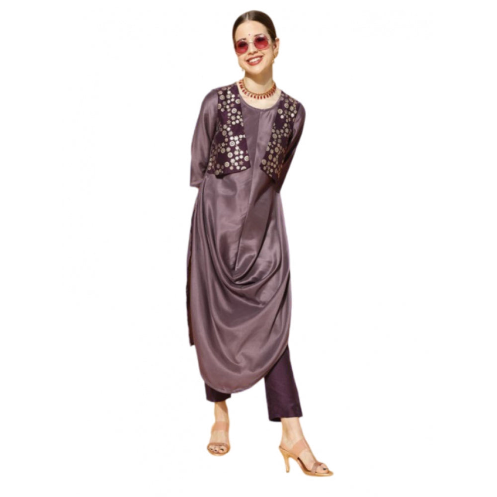 Generic Women's Casual 3-4Th Sleeve Solid Chinon Kurti And Pant Set (Purple)