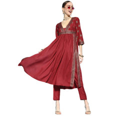 Generic Women's Casual 3-4Th Sleeve Floral Printed Chinon Kurti And Pant Set (Maroon)