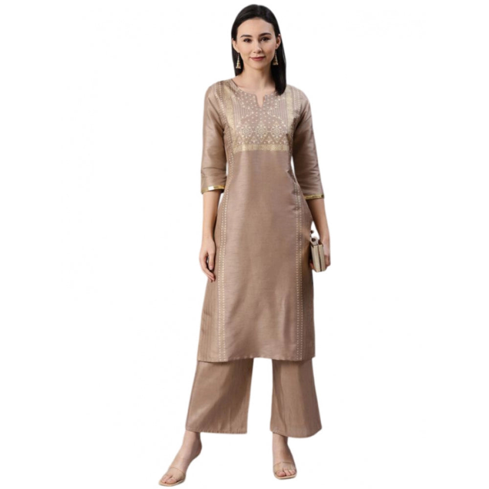 Generic Women's Casual 3-4Th Sleeve Ethnic Motifs Poly Silk Kurti And Palazzo Set (Brown)