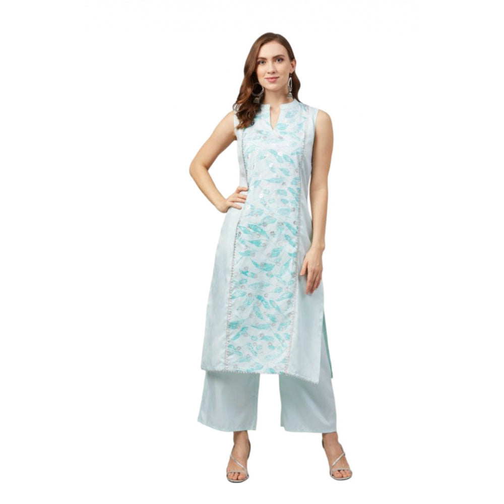 Generic Women's Casual Sleeveless Abstract Poly Silk Kurti And Palazzo Set (Off White)