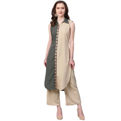 Generic Women's Casual Sleeveless Solid Crepe Kurti And Palazzo Set (Grey)