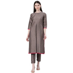 Generic Women's Casual 3-4Th Sleeve Ethnic Motifs Poly Silk Kurti And Pant Set (Grey)