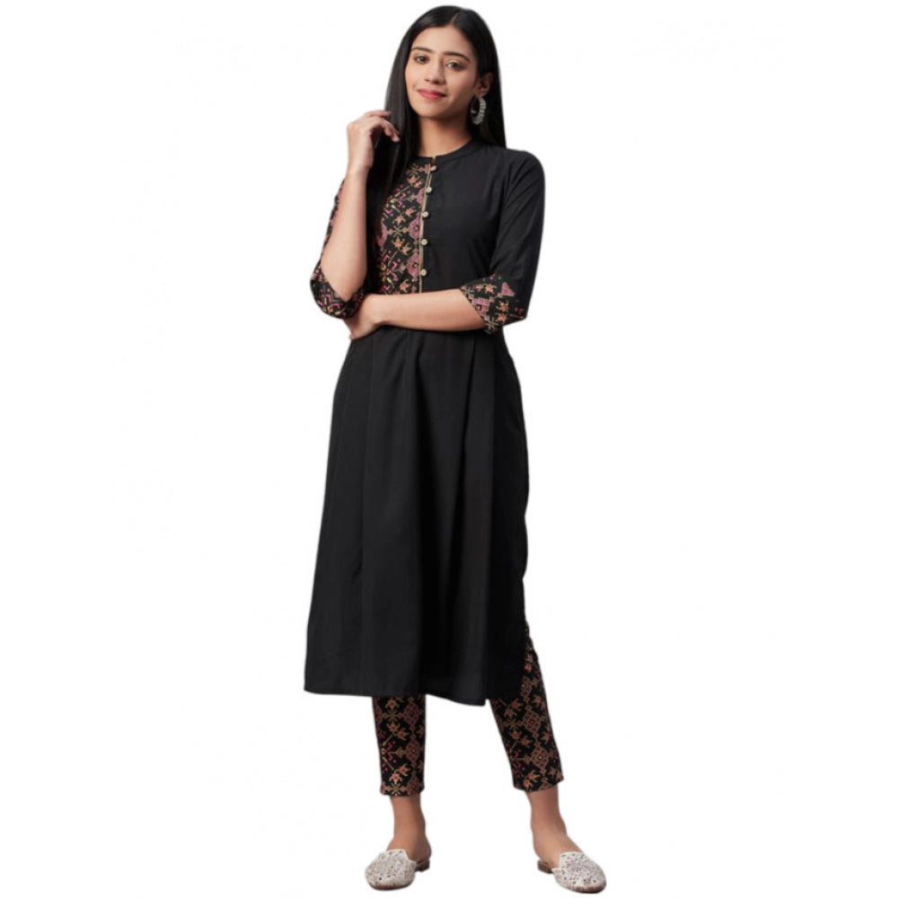 Generic Women's Casual 3-4Th Sleeve Geometric Crepe Kurti And Pant Set (Black)