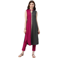 Generic Women's Casual sleeveless Solid Crepe Kurti And Pant Set (Pink)