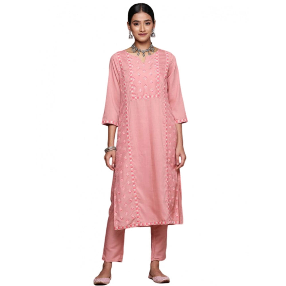 Generic Women's Casual 3-4Th Sleeve Floral Printed Chinon Kurti and Pant Set (Peach)