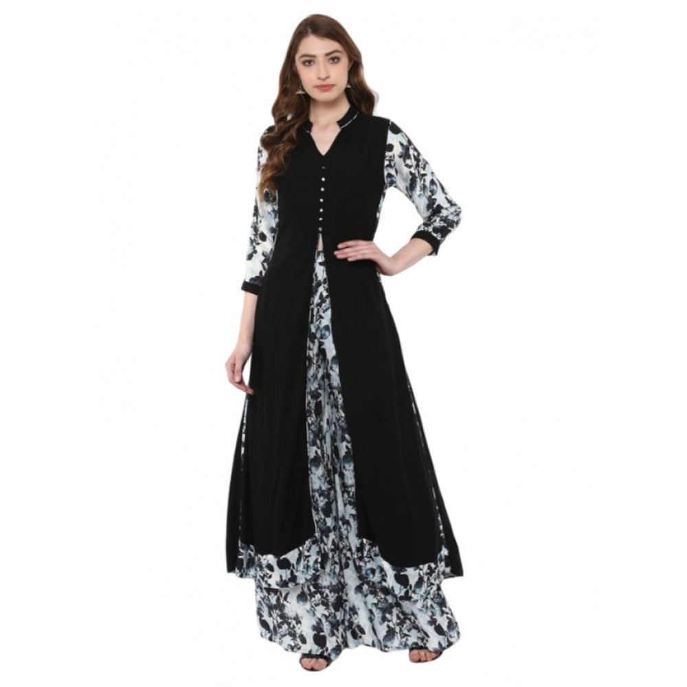 Generic Women's Casual 3-4Th Sleeve Floral Printed Rayon Kurti and Palazzo Set (Black)