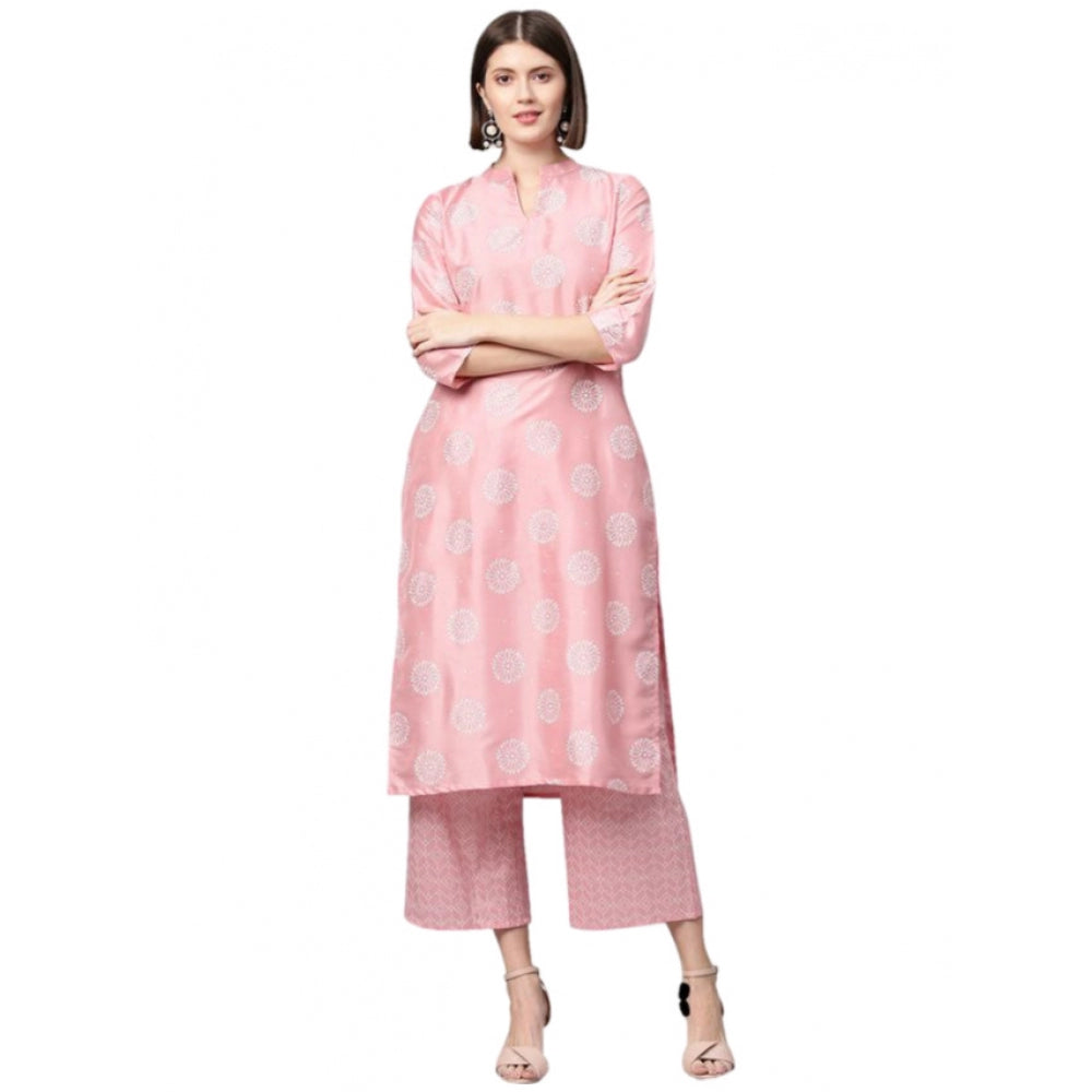 Generic Women's Casual 3-4Th Sleeve Floral Printed Poly Silk Kurti And Palazzo Set (Pink)