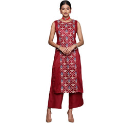 Generic Women's Casual Sleeveless Floral Printed Chinon Kurti and Palazzo Set (Maroon)