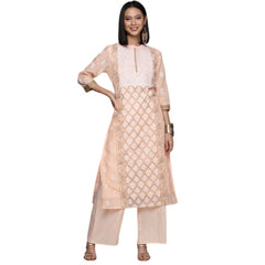 Generic Women's Casual 3-4Th Sleeve Floral Printed Chanderi Cotton Kurti And Palazzo Set (Peach)