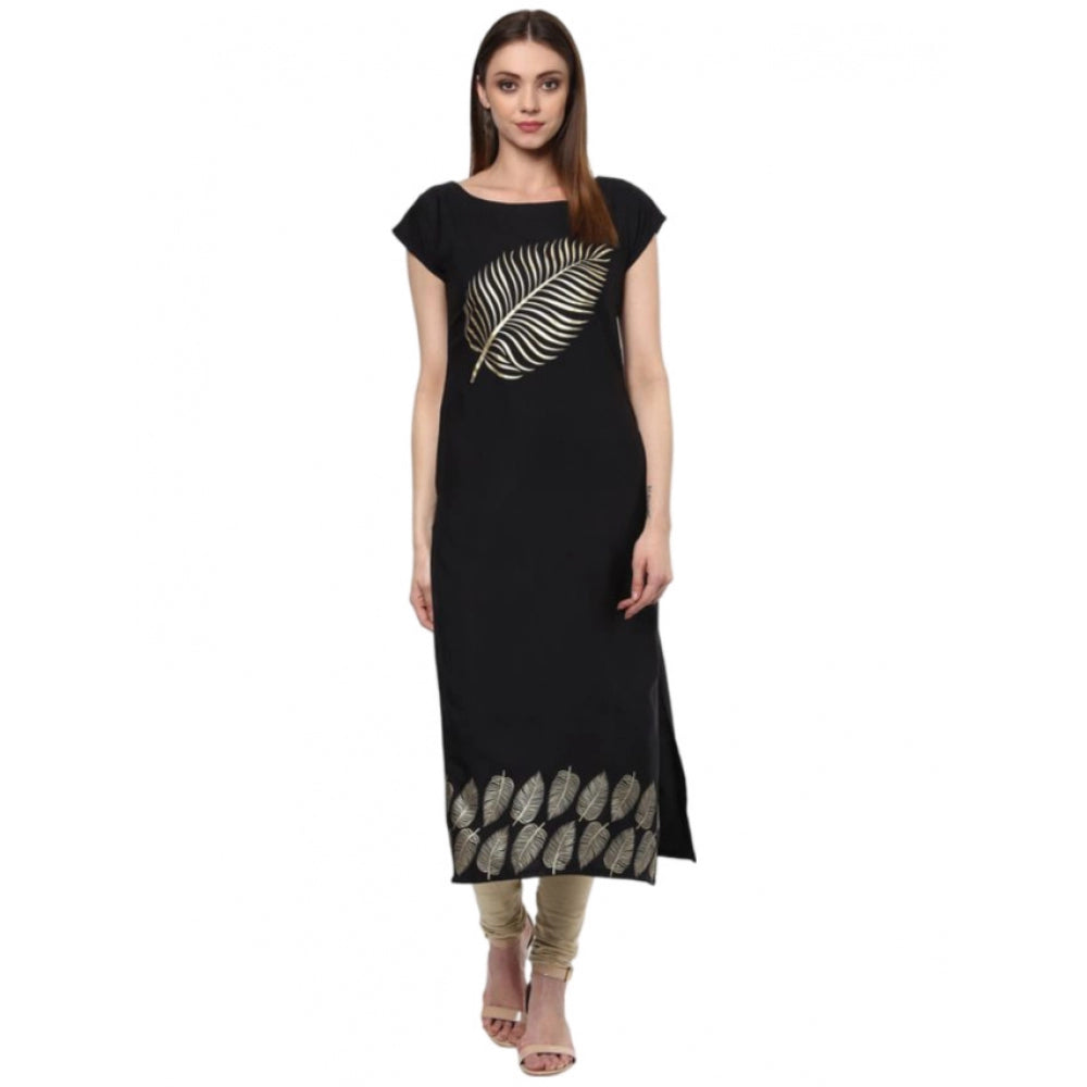 Generic Women's Casual Short Sleeves Ethnic Motifs Crepe Kurti (Black)