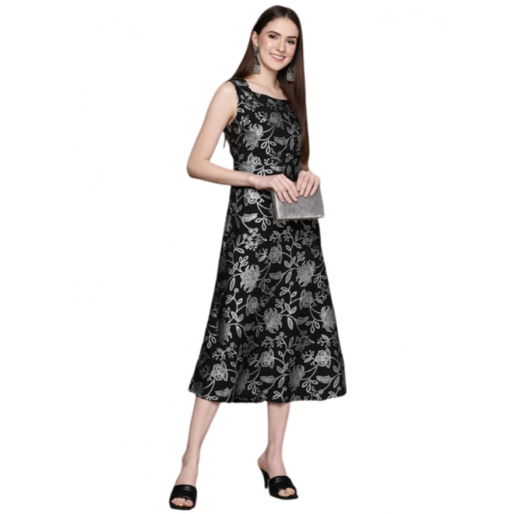 Generic Women's Casual Sleeveless Floral Printed Crepe Ethnic Dress (Black)