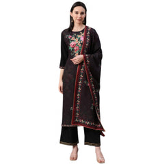 Generic Women's Casual 3-4Th Sleeve Floral Printed Crepe KurtiPalazzo And Dupatta Set (Black)