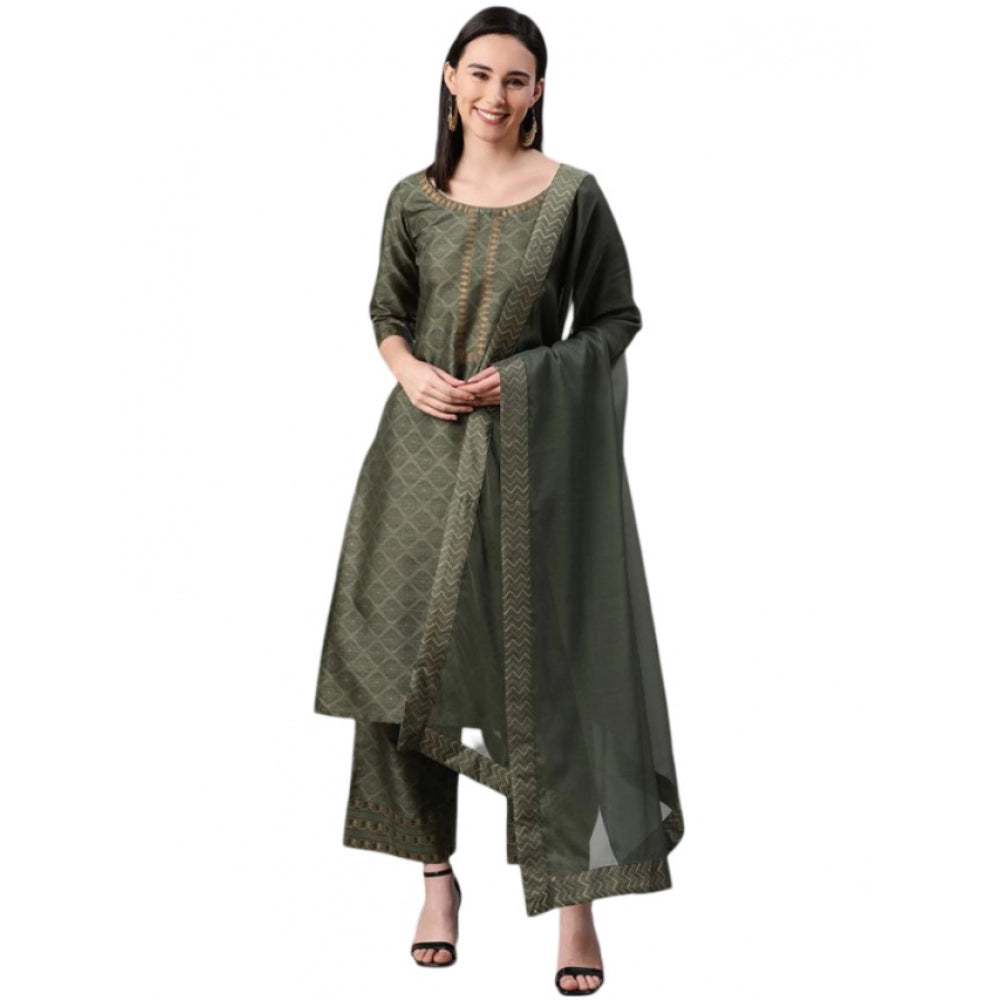 Generic Women's Casual 3-4Th Sleeve Ethnic Motifs Poly Silk KurtiPalazzo And Dupatta Set (Green)