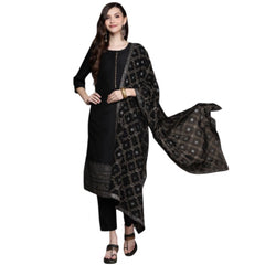 Generic Women's Casual 3-4Th Sleeve Border Crepe Kurti Pant And Dupatta Set (Black)