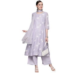 Generic Women's Casual 3-4Th Sleeve Floral Printed Chanderi Cotton Kurti Palazzo And Dupatta Set (Purple)