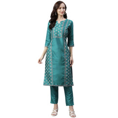 Generic Women's Casual 3-4Th Sleeve Floral Printed Poly Silk Kurti And Pant Set (Green)