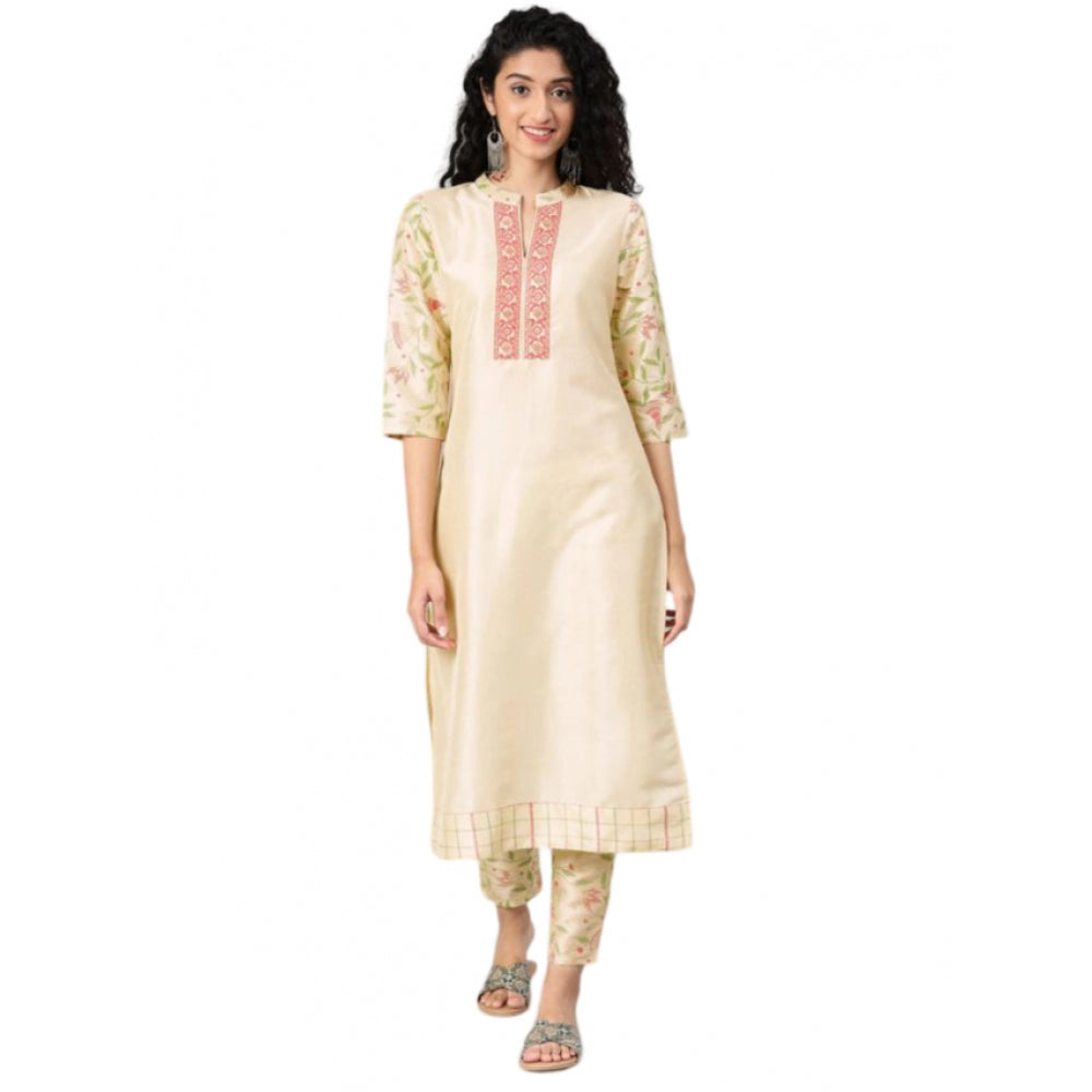 Generic Women's Casual 3-4Th Sleeve Solid Poly Silk Kurti and Pant Set (Cream)