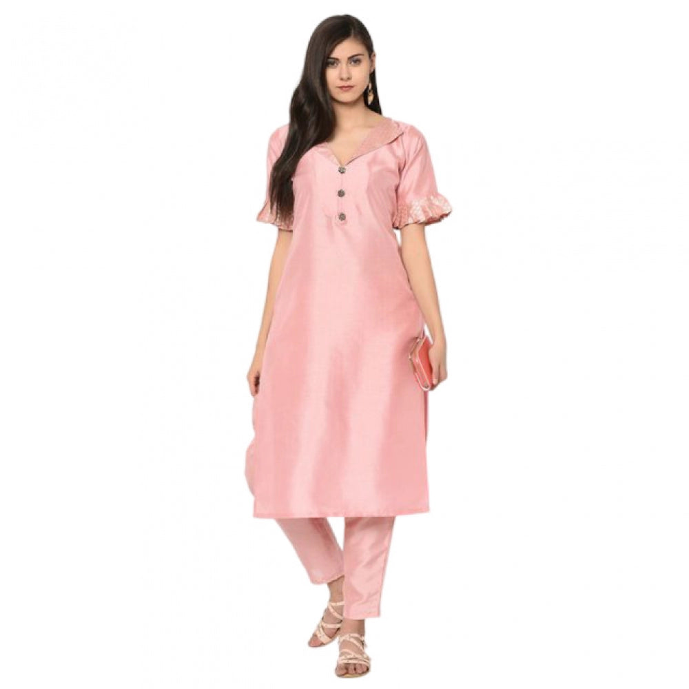 Generic Women's Casual Half Sleeve Solid Poly Silk Kurti and Pant Set (Pink)