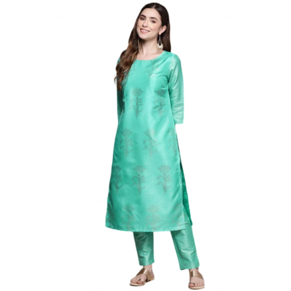 Generic Women's Casual 3-4Th Sleeve Floral Printed Poly Silk Kurti and Pant Set (Sea Green)