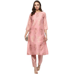 Generic Women's Casual 3-4Th Sleeve Floral Printed Poly Silk Kurti and Pant Set (Pink)