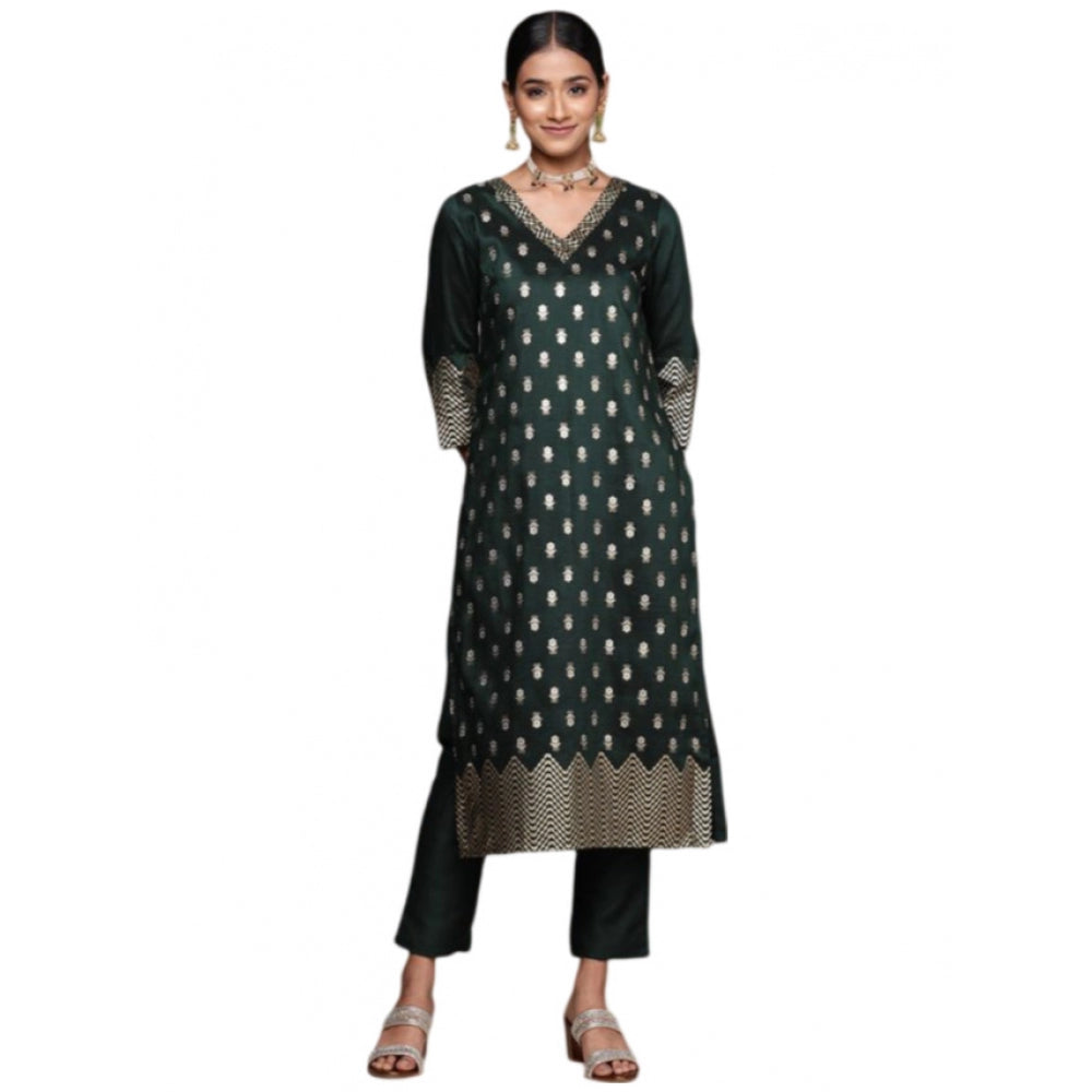 Generic Women's Casual 3-4Th Sleeve Floral Printed Chinon Kurti And Pant Set (Bottle Green)