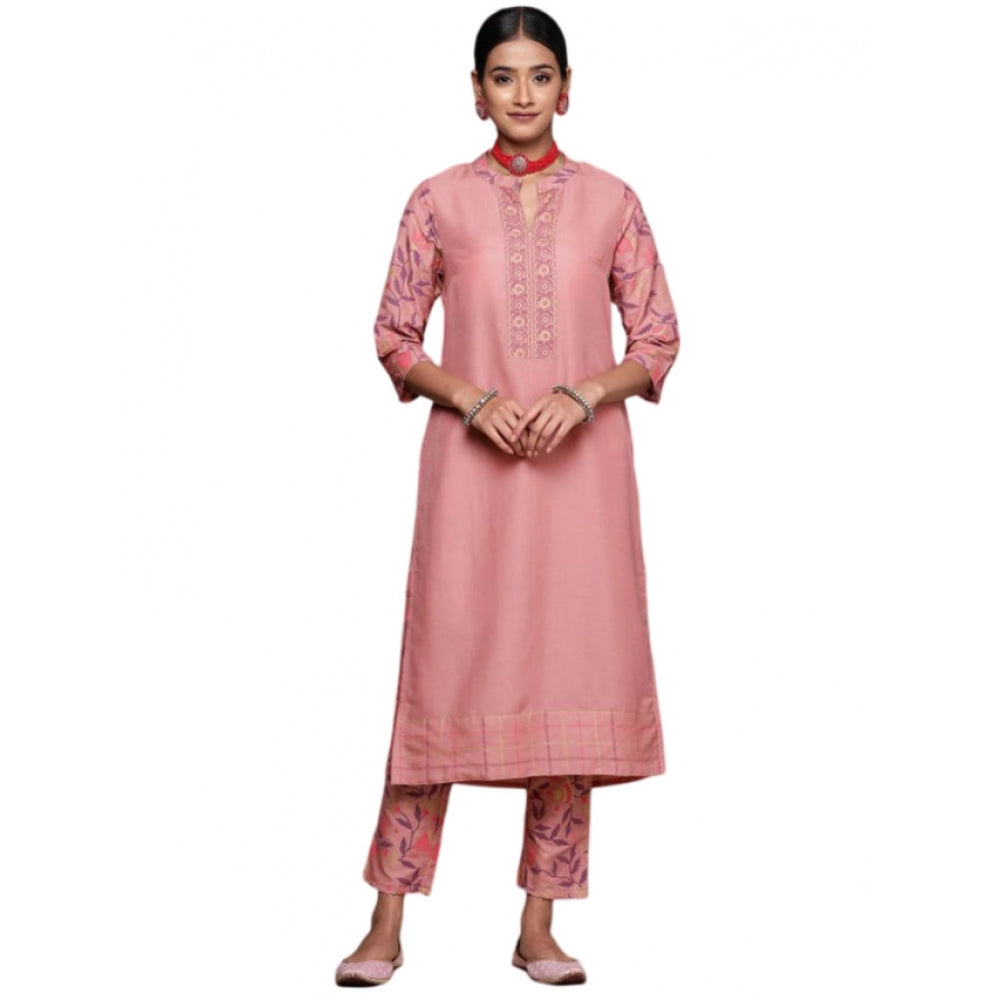 Generic Women's Casual 3-4Th Sleeve Geometric Chinon Kurti and Pant Set (Peach)