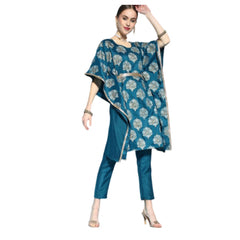 Generic Women's Casual 3-4Th Sleeve Floral Printed Chinon Kurti And Pant Set (Teal)