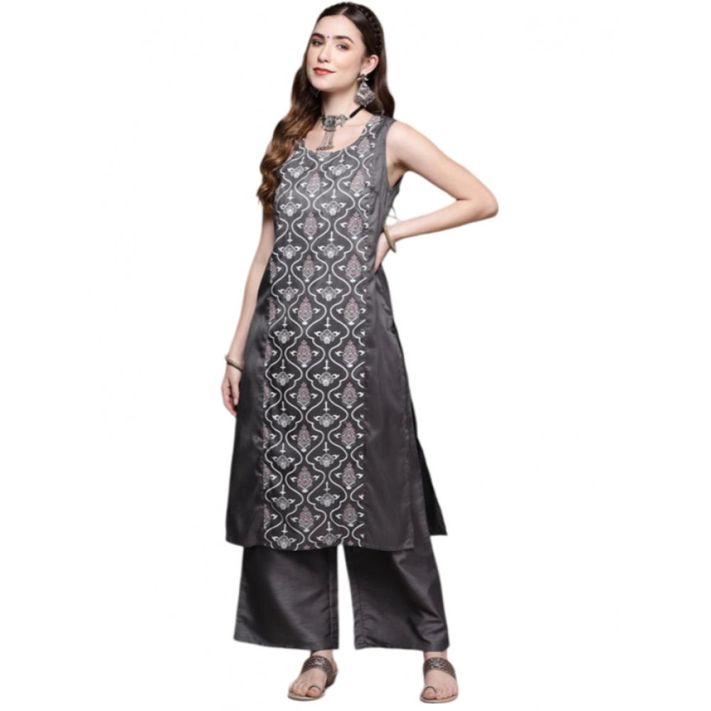 Generic Women's Casual Sleeveless Floral Printed Poly Silk Kurti and Palazzo Set (Dark Grey)