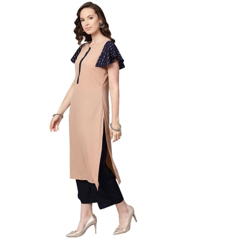 Generisches lässiges Kurzarm-Kurti- und Palazzo-Set aus Tribal-Crêpe für Damen (Beige)