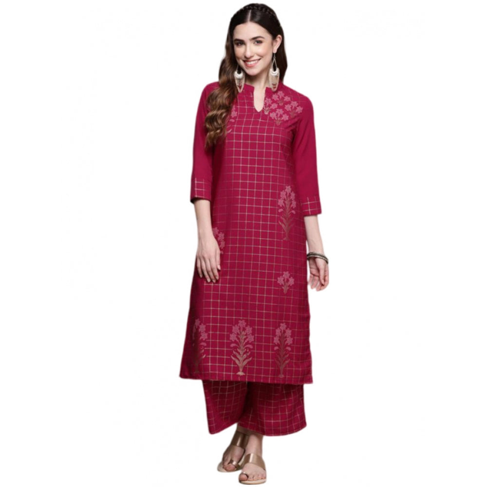 Generic Women's Casual 3-4Th Sleeve Floral Printed Crepe Kurti and Palazzo Set (Maroon)