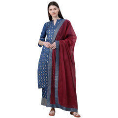 Generic Women's Casual 3-4Th Sleeve Floral Printed Poly Silk KurtiPalazzo And Dupatta Set (Blue)