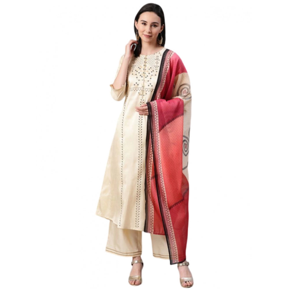 Generic Women's Casual 3-4Th Sleeve Ethnic Motifs Poly Silk KurtiPalazzo And Dupatta Set (Cream)