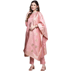 Generic Women's Casual 3-4Th Sleeve Floral Printed Poly Silk Kurti Pant And Dupatta Set (Light Pink)