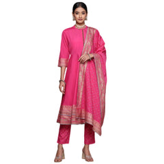 Generic Women's Casual 3-4Th Sleeve Ethnic Motifs Crepe Kurti Pant And Dupatta Set (Pink)