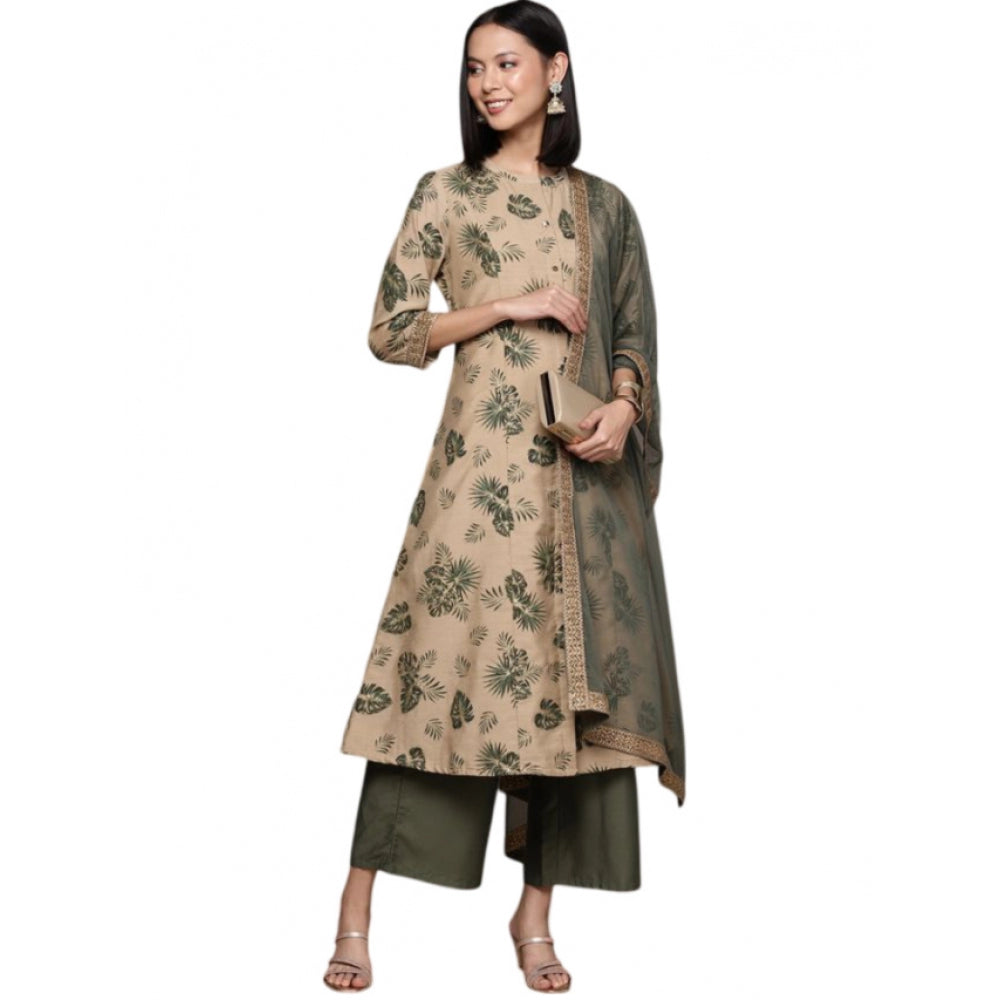 Generic Women's Casual 3-4Th Sleeve Floral Printed Chanderi Cotton Kurti Palazzo And Dupatta Set (Beige)