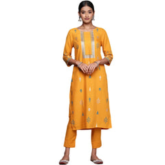 Generic Women's Casual 3-4Th Sleeve Floral Printed Rayon Kurti And Pant Set (Mustard)