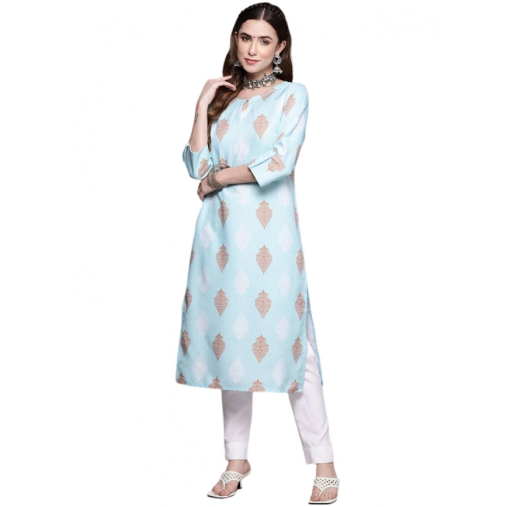 Generic Women's Casual 3-4Th Sleeve Ethnic Motifs Rayon Kurti And Pant Set (Sky Blue)