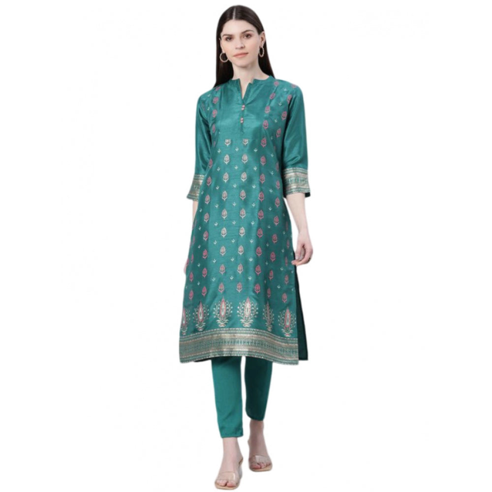 Generic Women's Casual 3-4Th Sleeve Floral Printed Poly Silk Kurti And Pant Set (Green)