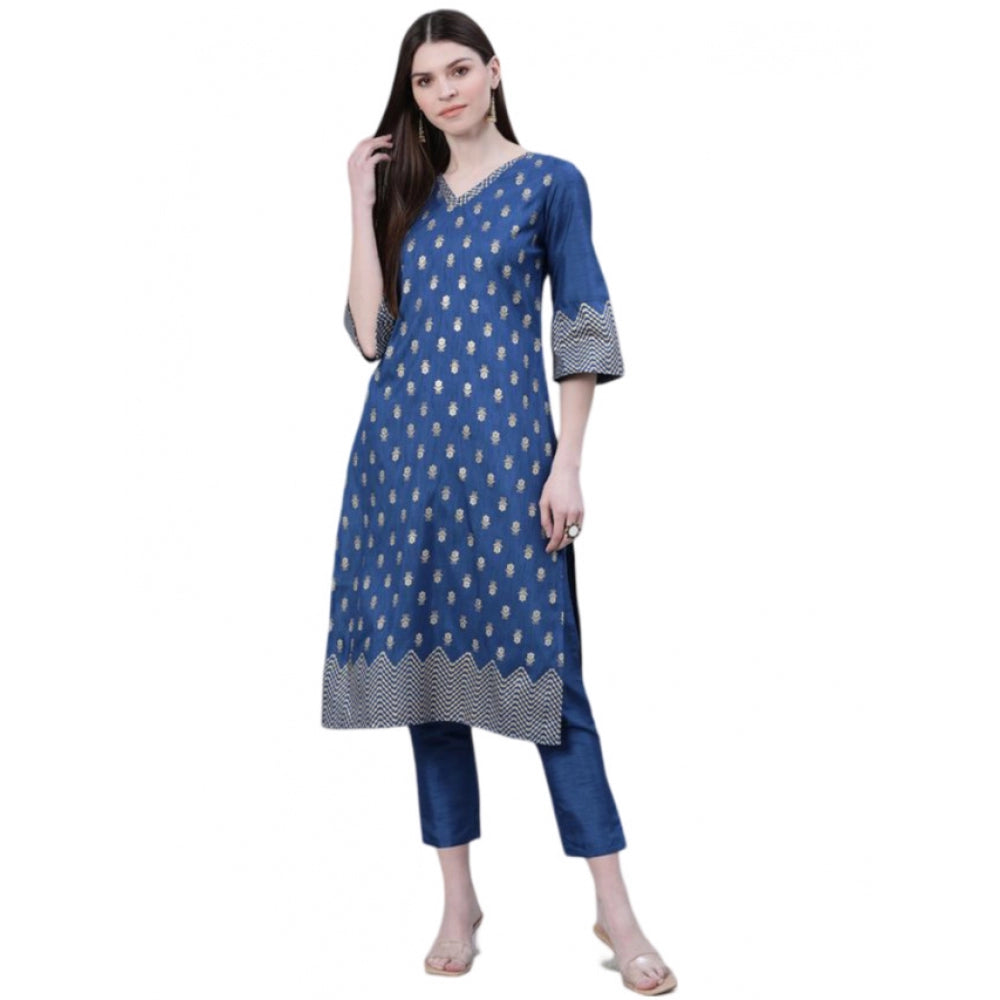 Generic Women's Casual 3-4Th Sleeve Floral Printed Poly Silk Kurti And Pant Set (Blue)