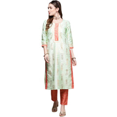 Generic Women's Casual 3-4Th Sleeve Floral Printed Poly Silk Kurti And Pant Set (Pista Green)