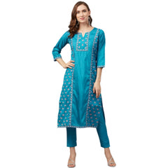 Generic Women's Casual 3-4Th Sleeve Floral Printed Poly Silk Kurti and Pant Set (Blue)