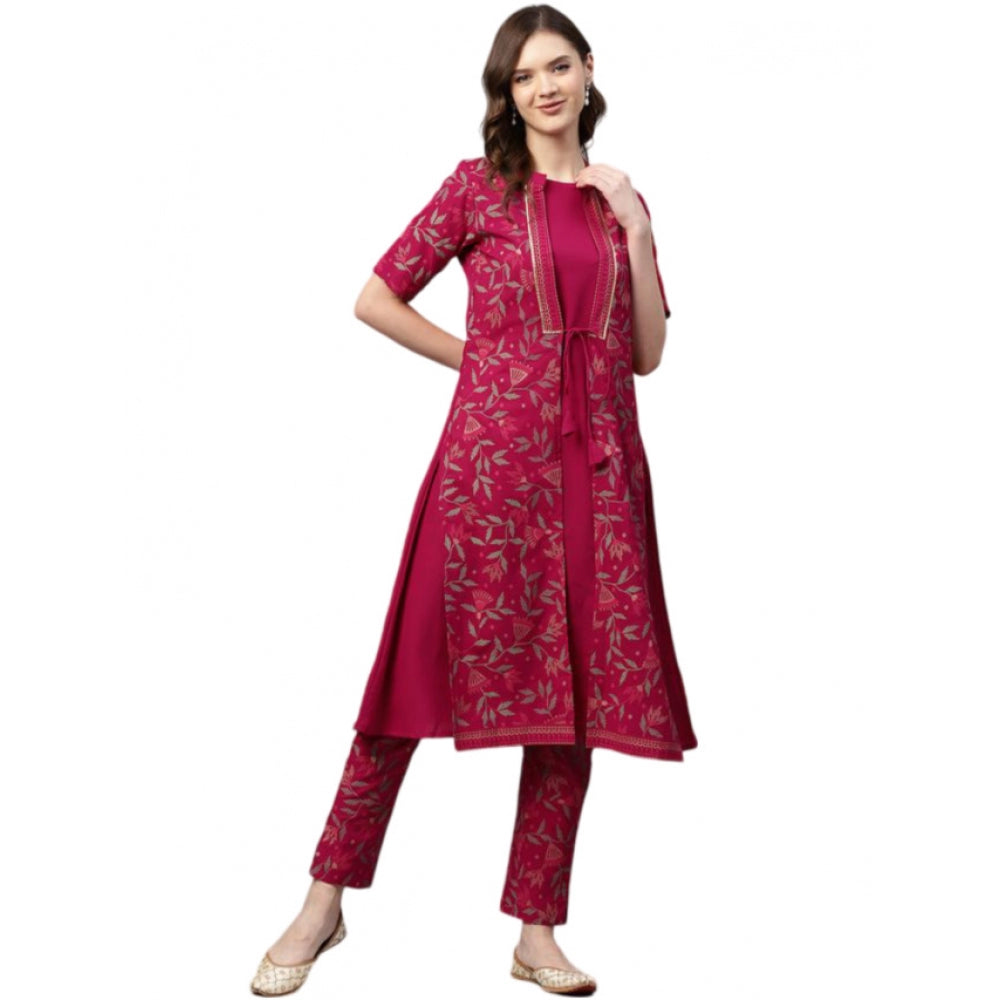 Generic Women's Casual Half Sleeve Floral Printed Crepe Kurti And Pant Set (Pink)