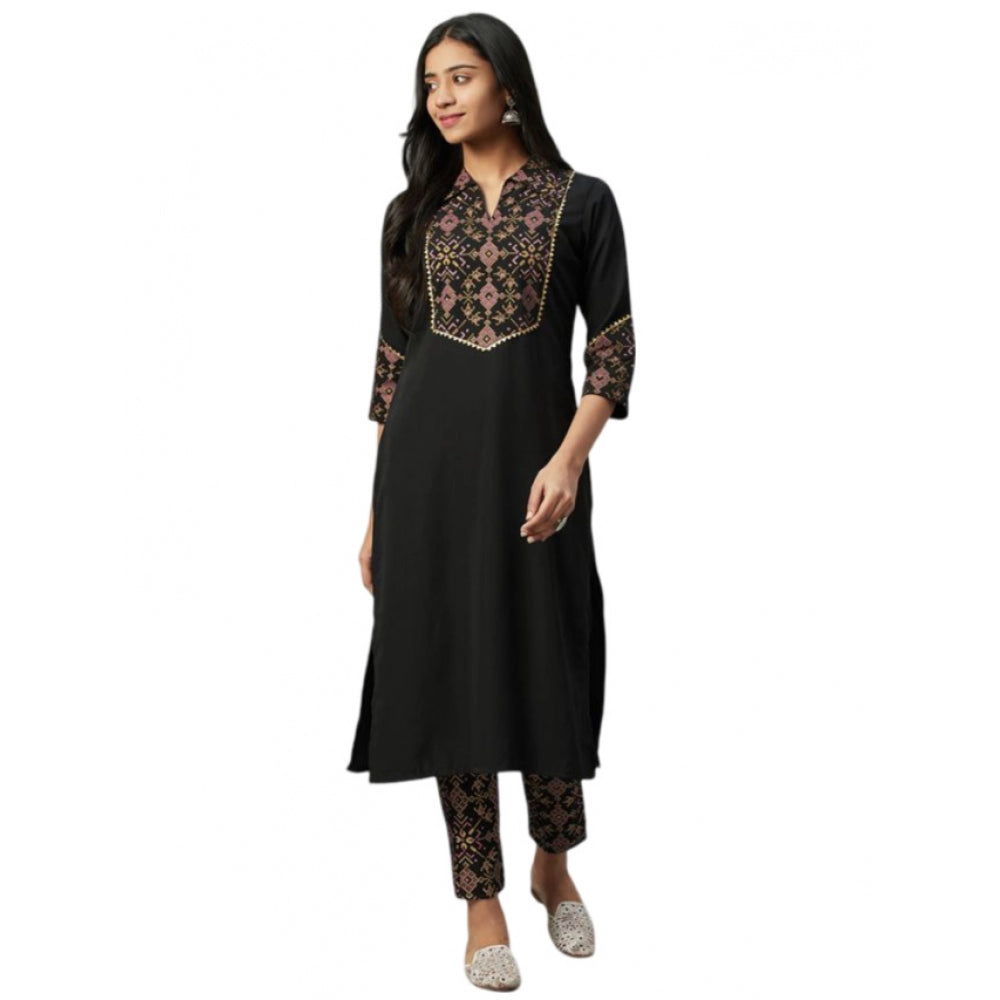 Generic Women's Casual 3-4Th Sleeve Geometric Crepe Kurti and Pant Set (Black)