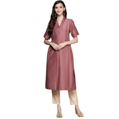 Generic Women's Casual Half Sleeve Solid Chinon Kurti And Pant Set (Brown)