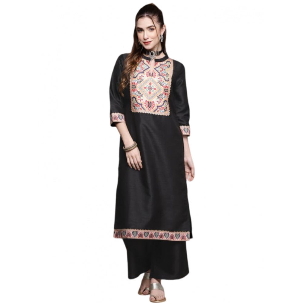 Generic Women's Casual 3-4Th Sleeve Floral Printed Poly Silk Kurti and Palazzo Set (Black)