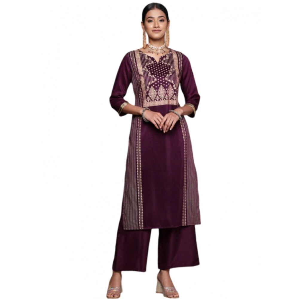 Generic Women's Casual 3-4Th Sleeve Ethnic Motifs Chinon Kurti And Palazzo Set (Purple)