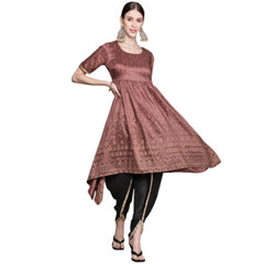 Generic Women's Casual Half Sleeve Floral Printed Chinon Kurti And Dhoti Pant Set (Brown)