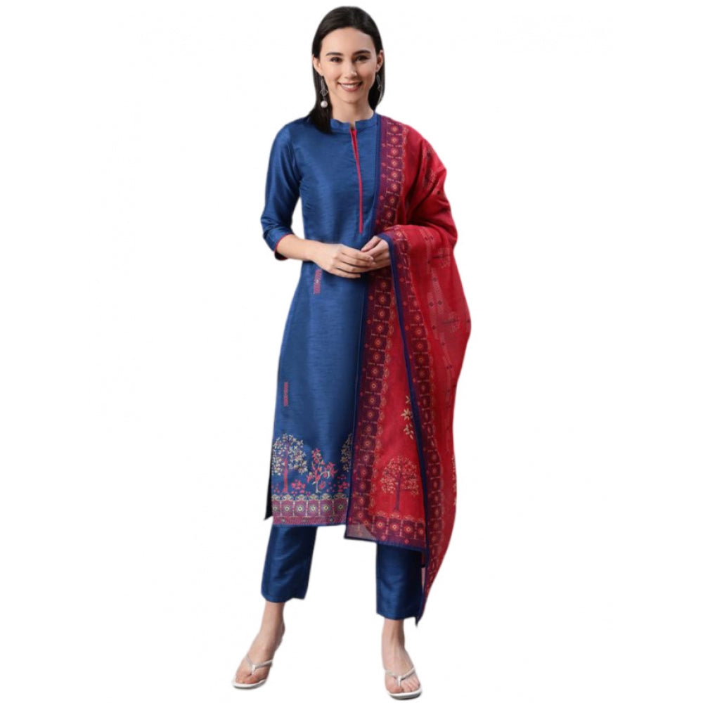 Generic Women's Casual 3-4Th Sleeve Floral Printed Poly Silk Kurti Pant And Dupatta Set (Blue)