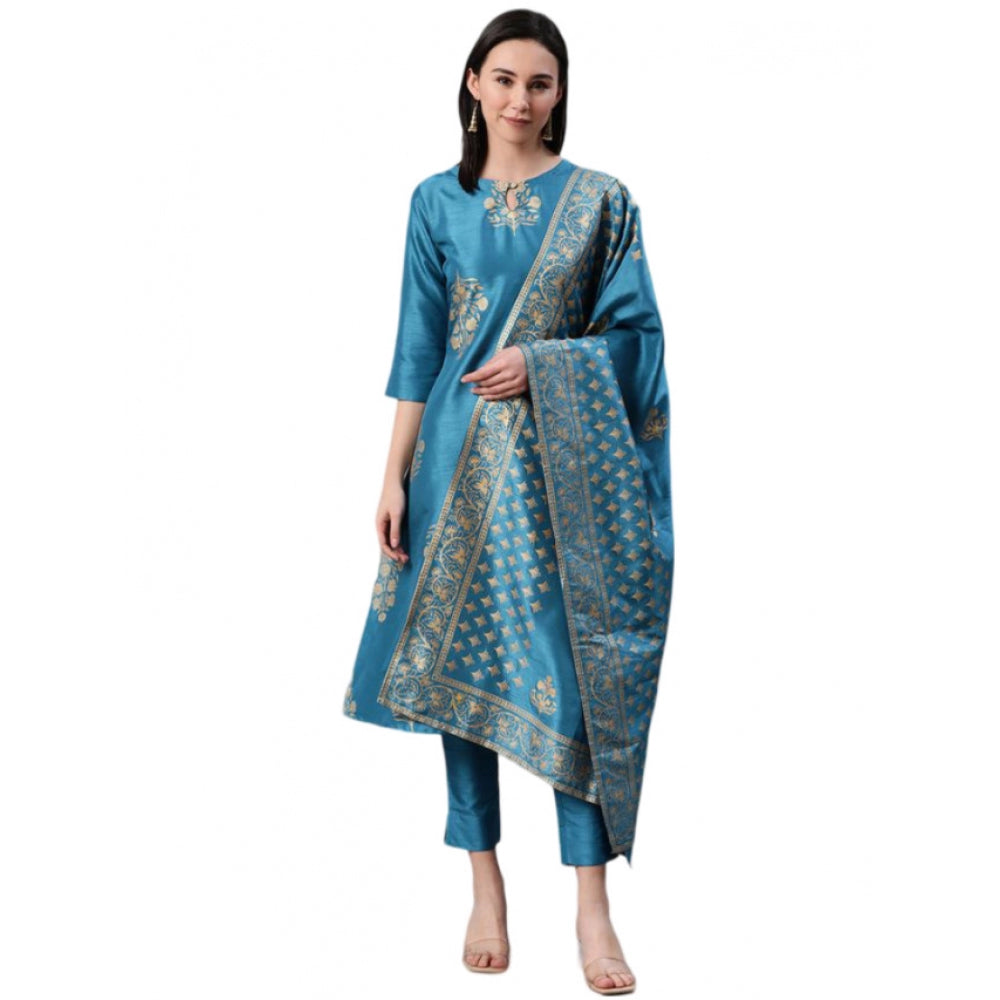 Generic Women's Casual 3-4Th Sleeve Ethnic Motifs Poly Silk Kurti Pant And Dupatta Set (Blue)